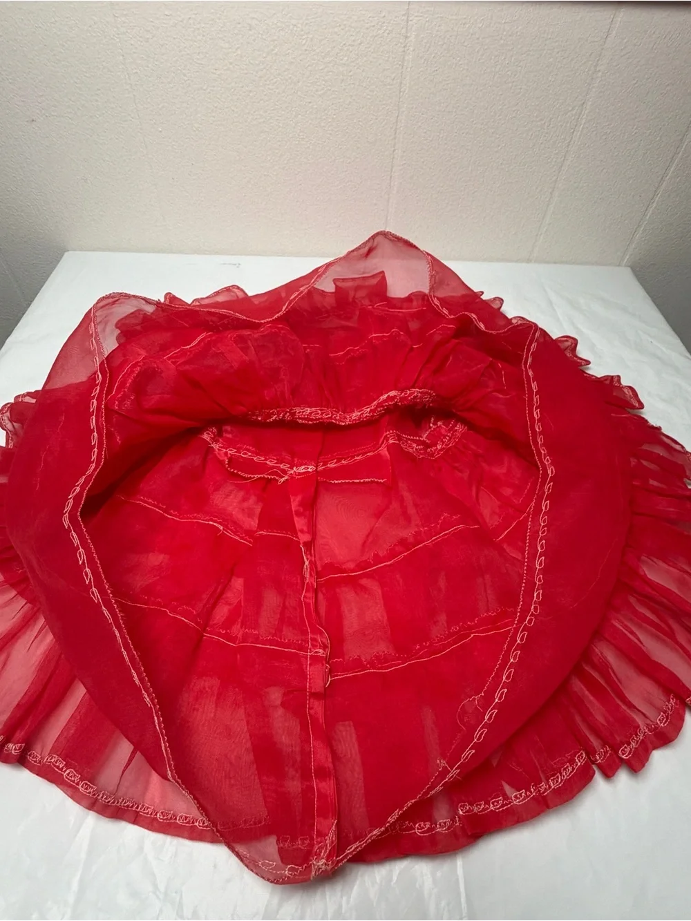 Vintage Handmade Baby Girls Red Tiered Ruffle Dress Tulle White Stitching  There